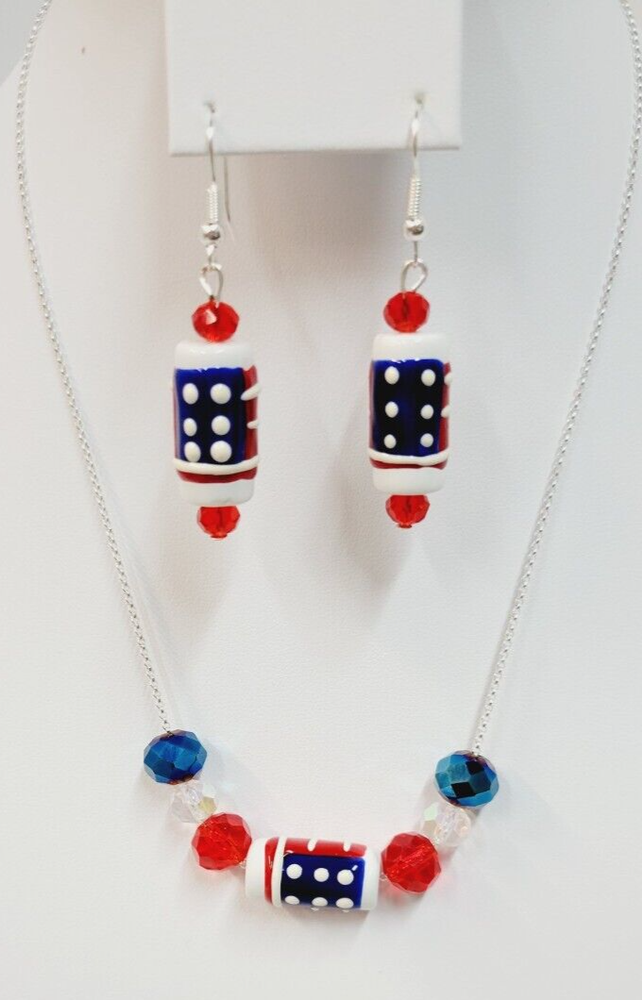 4th of July Necklace and Earring Set Proud American Hand Painted Beads USA Flag