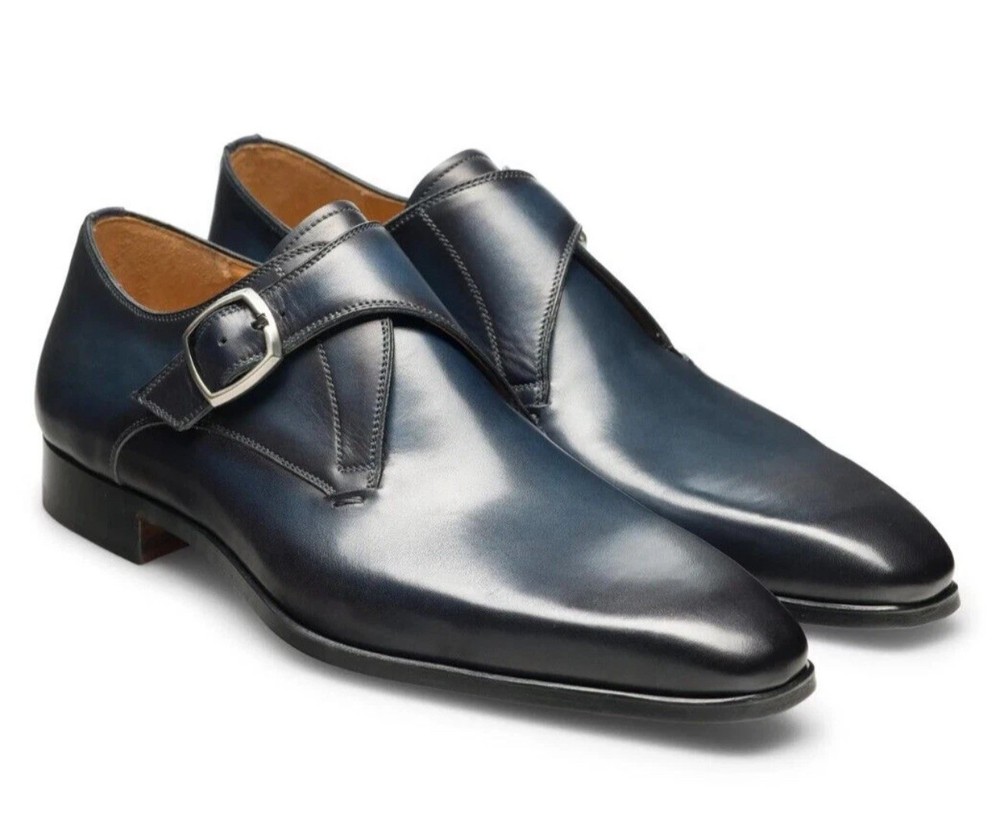 Magnanni Men Black Size10.5M Leather Single Monk Strap Cap Toe Dress Shoes Spain