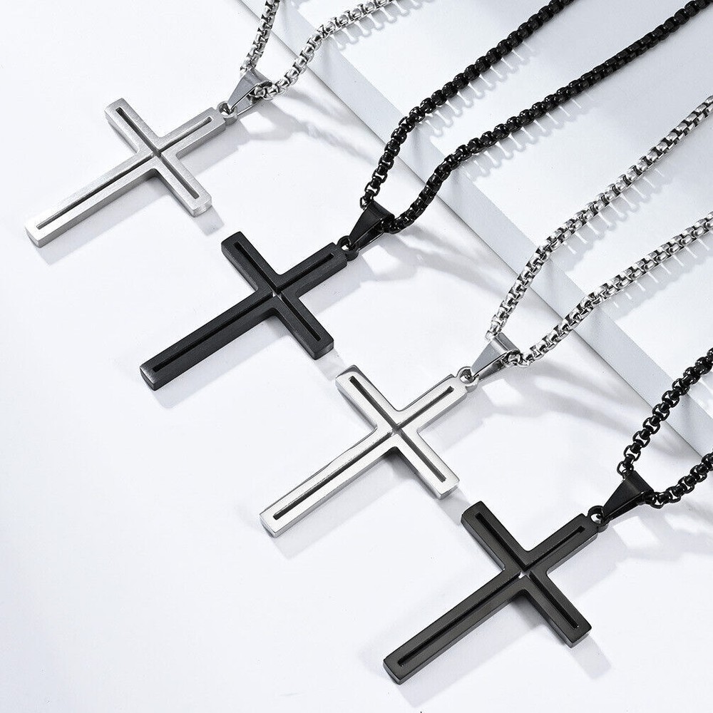 Men Women Simple Cross Necklace Stainless Steel Plain Pendant Box Chain Gift Boy