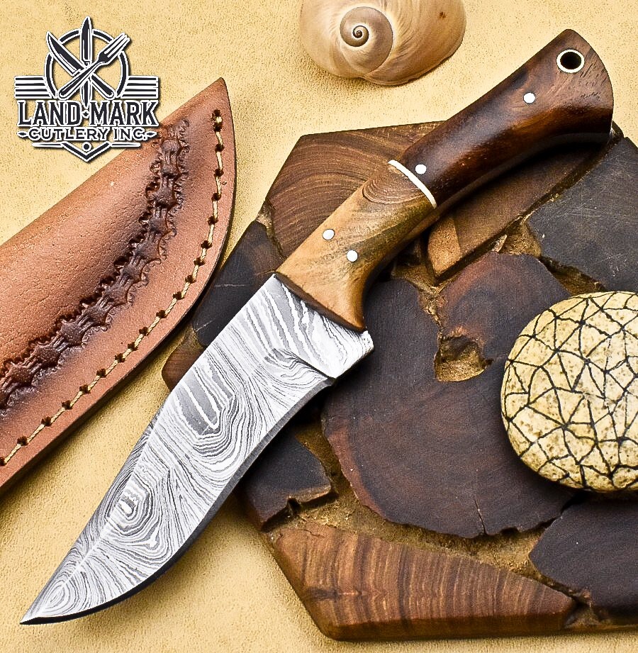 BEAUTIFUL DAMASCUS HANDE MADE HUNTING SKINNER KNIFE WITH ROSE WOOD HANDLE