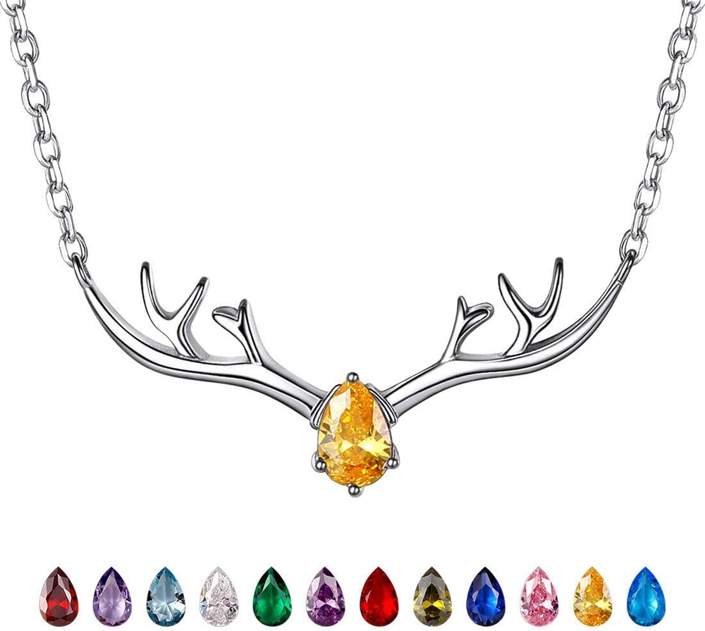 Sterling Silver Birthstone Necklaces for Women, Xmas Antler Deer Pendant Necklac