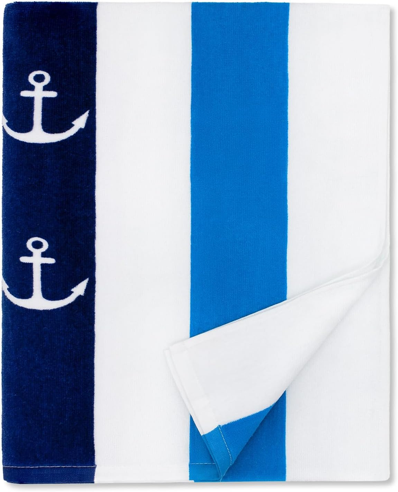 Large Beach Towel Oversized - Cotton Velour 35 X 70 Inch Anchor Striped Terry Po