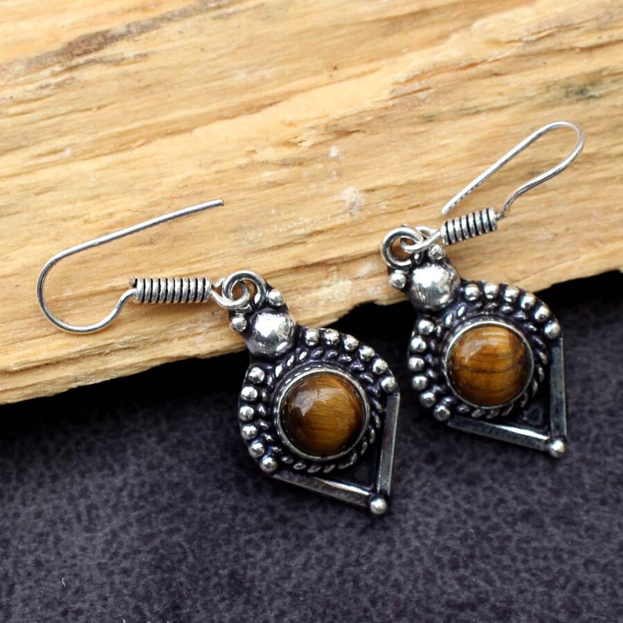 Handmade 925 Silver Plated Tiger Eye Ethnic Earrings 1.7