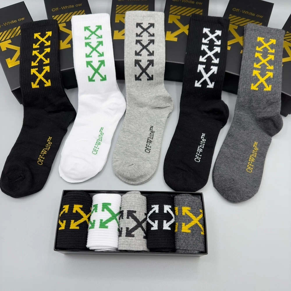 Off Arrow White Unisex Classic Basketball Sneaker Socks Set of 5 Pairs in a Box
