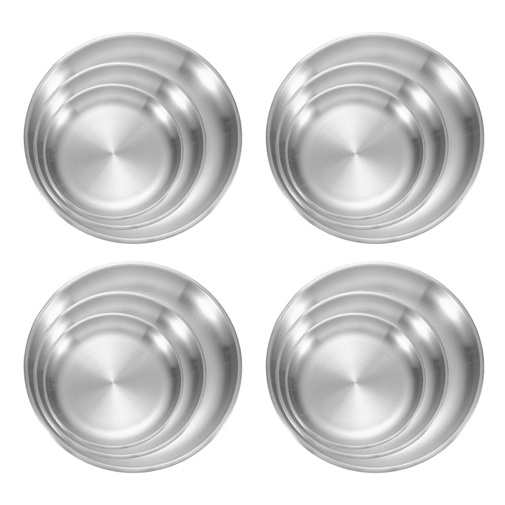 12Pcs Stainless Steel Dinner Plates, 3 Size Round Serving Plate Dishes, Silver