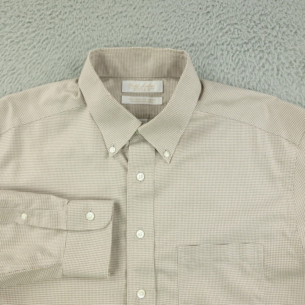 Roundtree & Yorke Gold Label Dress Shirt Mens 16 Fitted Beige Check Non Iron