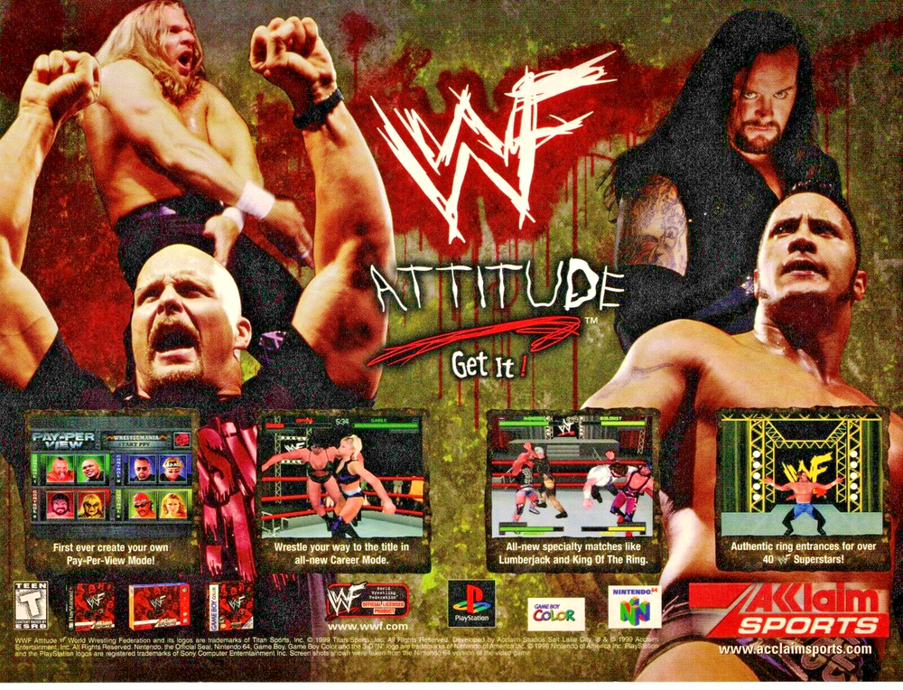 Original Retro WWF Attitude The Rock Stone Cold N64 Acclaim video game print ad