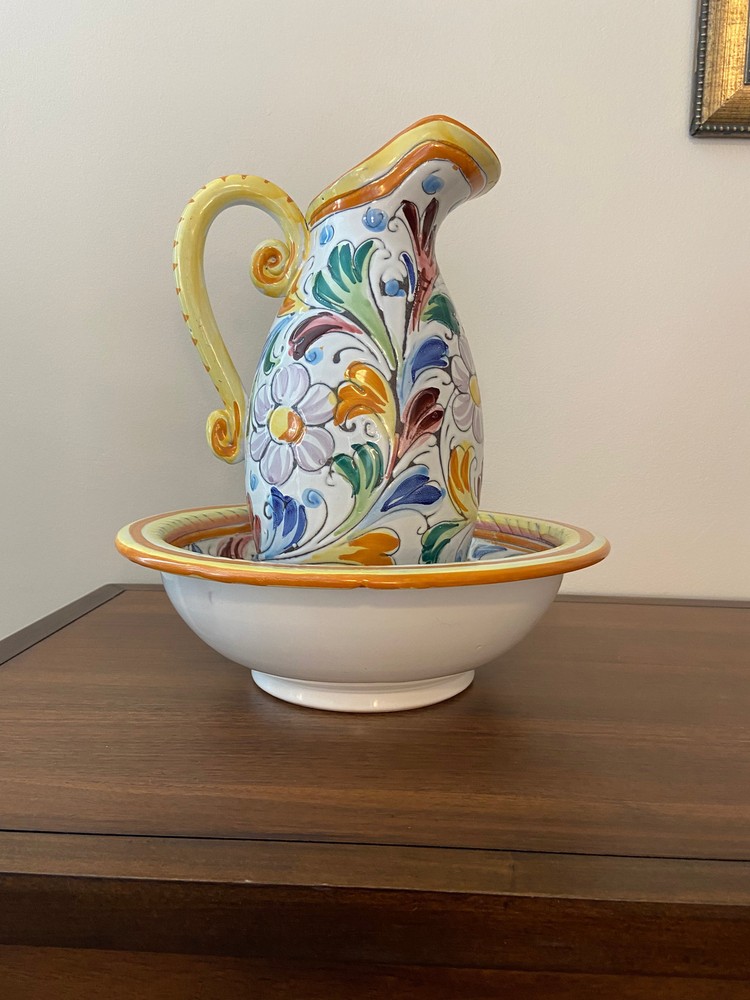 Handmade Italian Ceramic Pitcher and Bowl Set with Artisan Painted Design