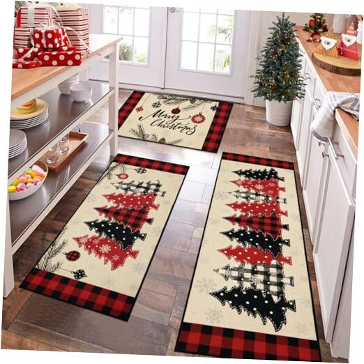 Christmas Kitchen Rugs Sets of 3, Christmas Trees Kitchen Floor Mats, Kitchen