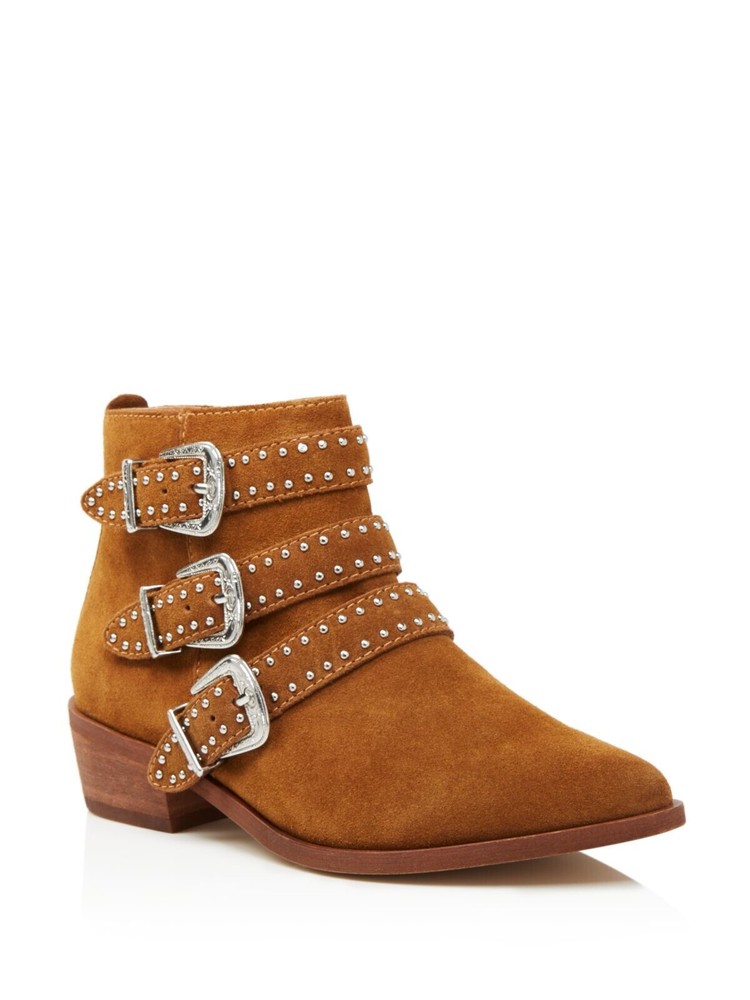 AQUA Womens Brown Studded Blane Almond Toe Block Heel Leather Booties 8.5 M