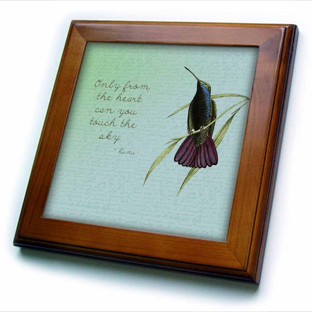 3dRose Hummingbird vintage with Rumi quote inspirational art 8x8 Framed Tile