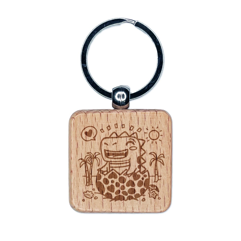 Baby Dinosaur Hatchling on Beach Engraved Wood Square Keychain Tag Charm