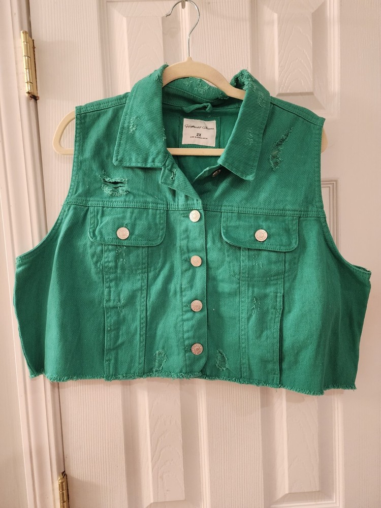 Highway Jeans 2x Denim Green  Frayed Vest Cropped Chest Pockets Buttons