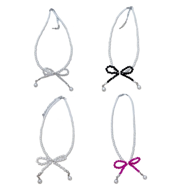 Crystal Beaded Bow Clavicle Chain Pearls Choker with Bowknot Pendant Accessory