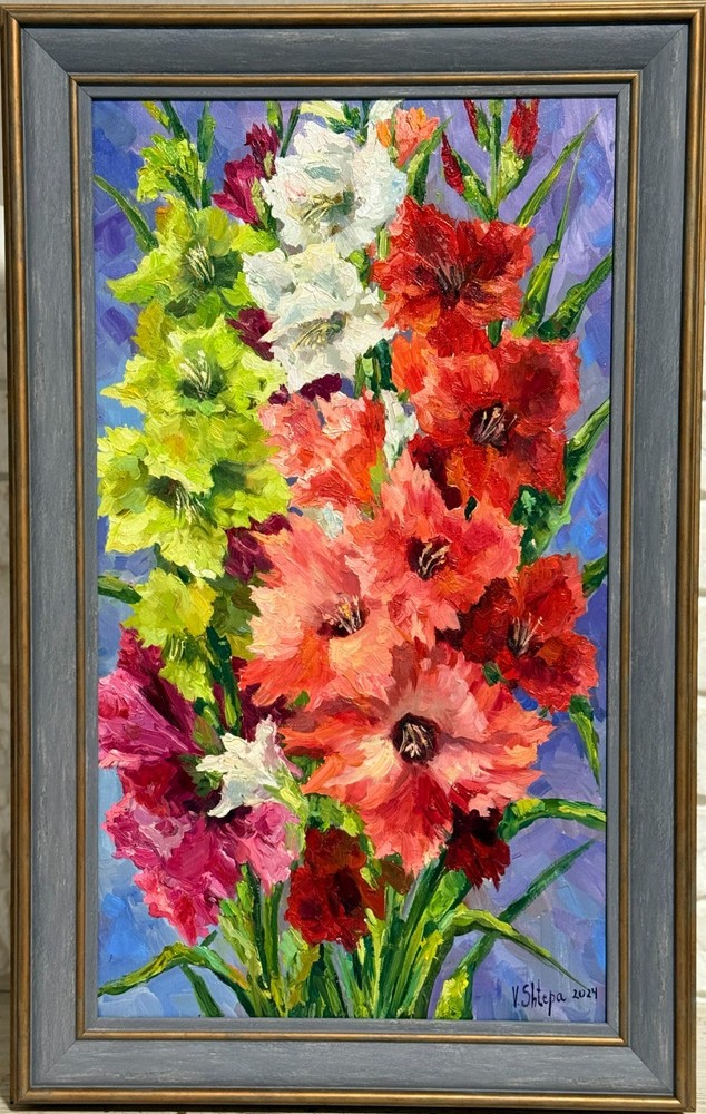 Gladioli Original Oil Painting FRAMED Art Flowers Still life Signed 25.5x16 inch