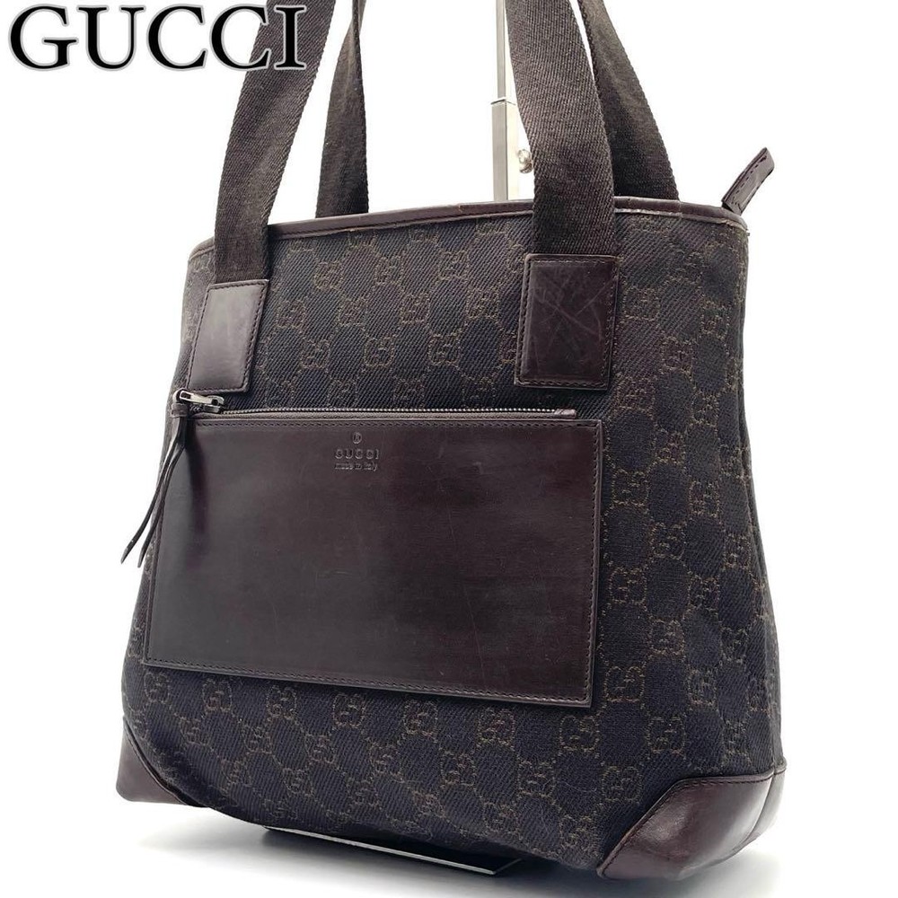 Gucci GG Canvas Tote Bag with Brown Leather Trim 23x25x11cm Pre-Owned