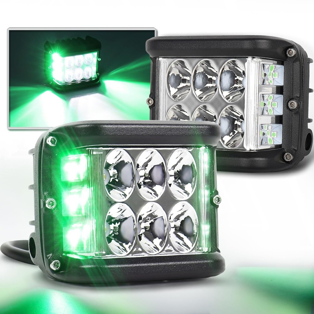 Dual Side Shooter LED Pod Lights, 4 inch LED Pods with Green DRL Solid & Stro...