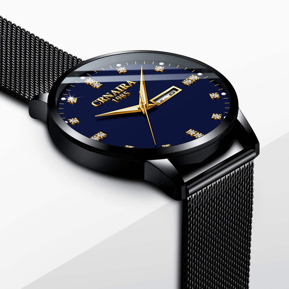 Men's Stylish Luminous Quartz Watch with Black Mesh Band and Multiple Color Opti