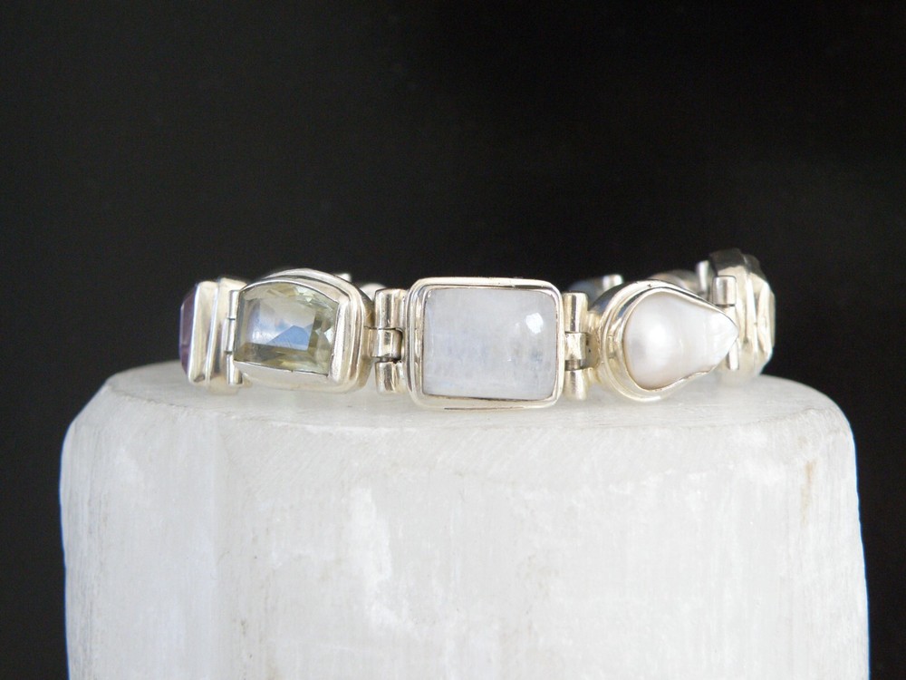 Chunky Sterling Silver 925 Rainbow Moonstone Gemstone Adjustable Bracelet