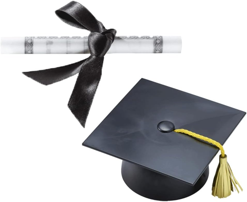 Black Plastic Graduation Cap & Large Paper Diploma Cake Topper