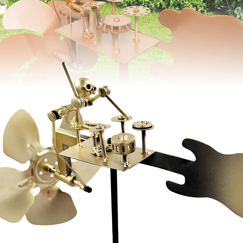 Handmade Gold Metal Drummer Windmill Kinetic Garden Sculpture Wind-Powered Art
