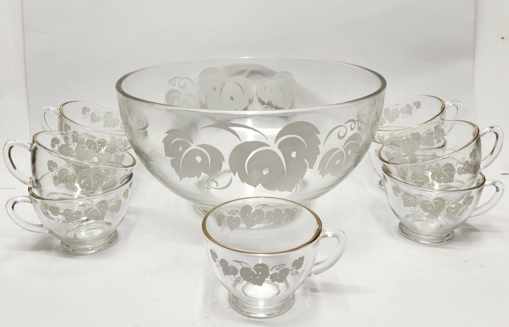 Vintage Anchor Hocking Gooseberries 6qt Punch Bowl Set with 9 Cups