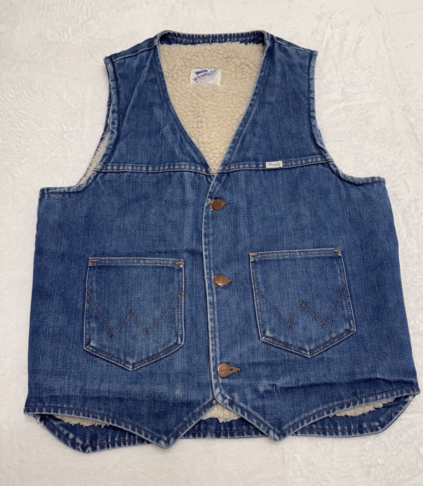 Wrangler Mens Vintage No Fault Denim Sherpa Lined Vest USA Made Blue No Size Tag