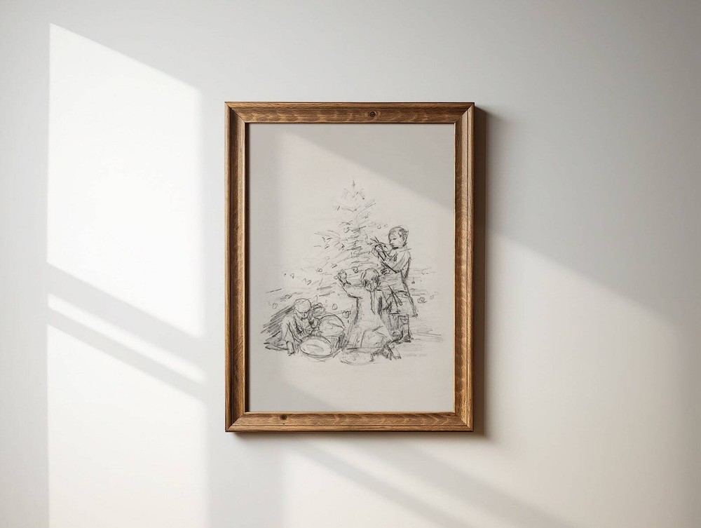 Cottagecore Winter Decor Print Neutral Wall Art Vintage Christmas Tree Sketch