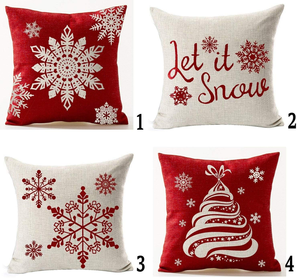Set of 4 Beige Red Snowflake Let It Snow Christmas Throw Pillow Covers