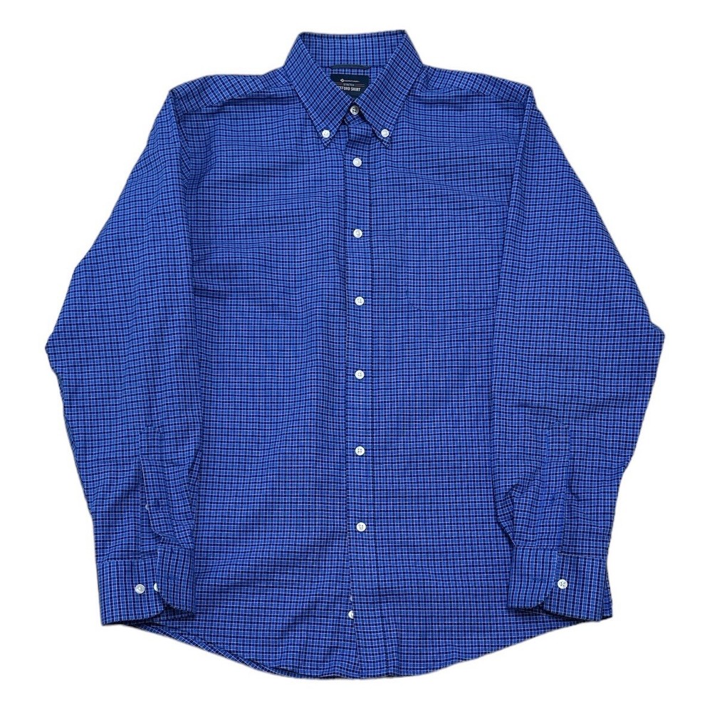 Men’s M Blue Checkered Stretch Oxford Button-Up Long Sleeve Shirt-image