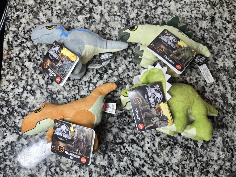 4x Jurassic World  7” Plush Dinos W SOUND Mini Velociraptor Steg Tri Tyrannosaur