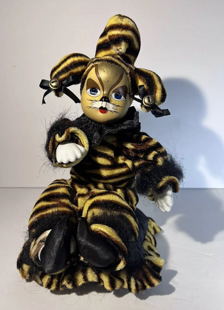 Unique Vintage Bengal Tiger Jester Cat 9” Doll Porcelain Face & Hands Musical
