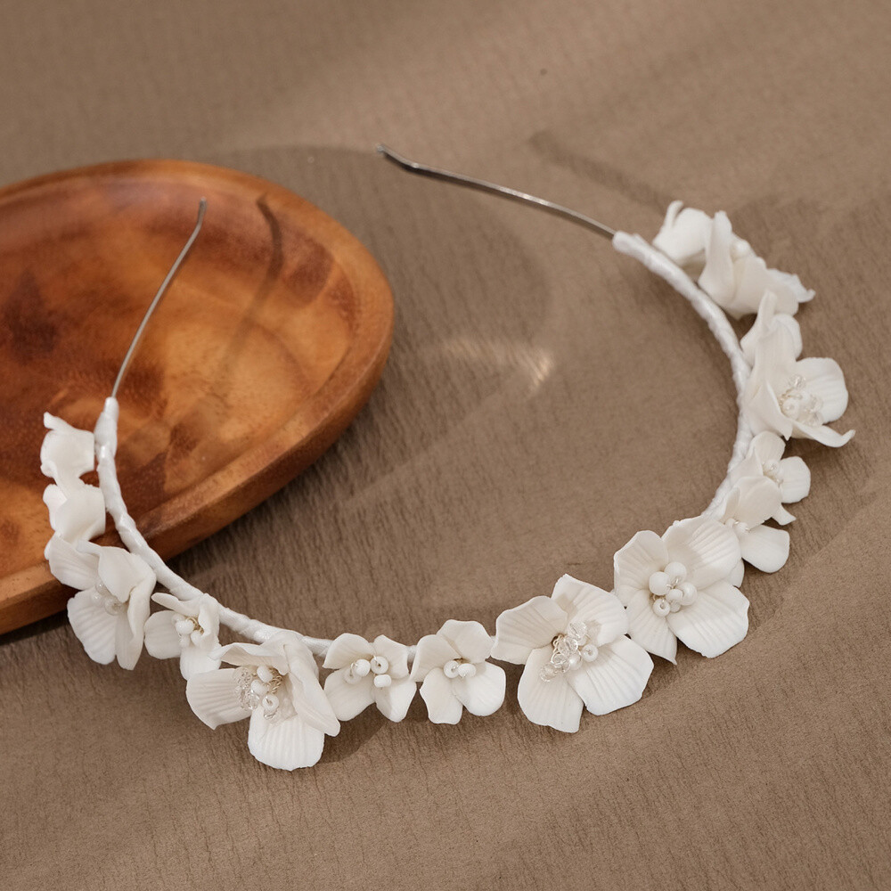 Women Ceramic White Flowers Bride Party Hair Tiara Headband Fascinator Hoop