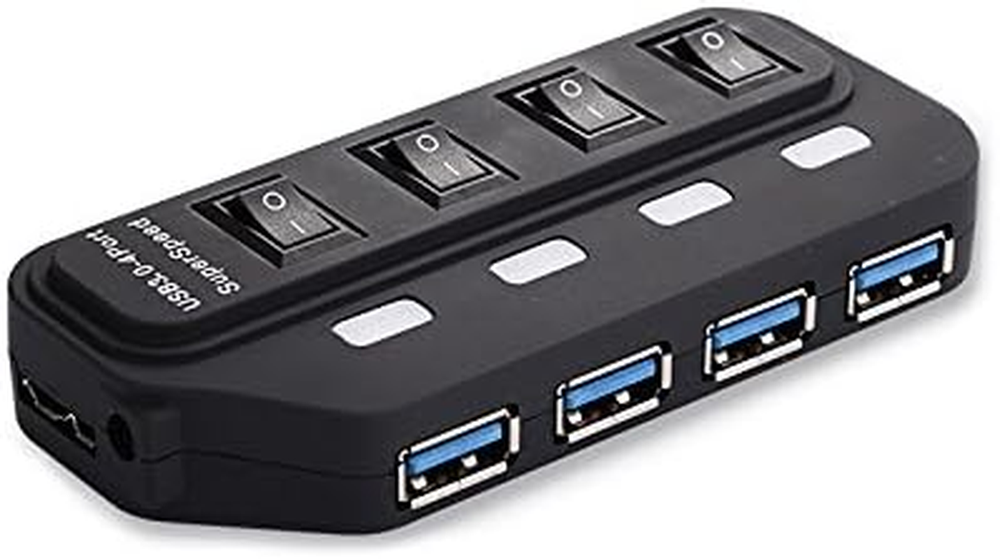 4-Port USB 3.0 Hub with Power Adapter & LED On/Off Switch for High-Speed Data Transfer