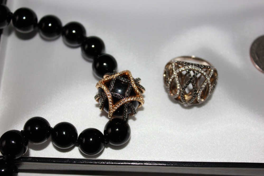 FINE DESIGNER 925 STERLING ONYX BEAD NECKLACE PENDNT AND RING