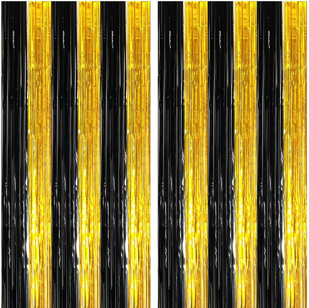 2 Pack Black and Gold Foil Fringe Curtains Photo Booth Prop Tinsel Streamer Back