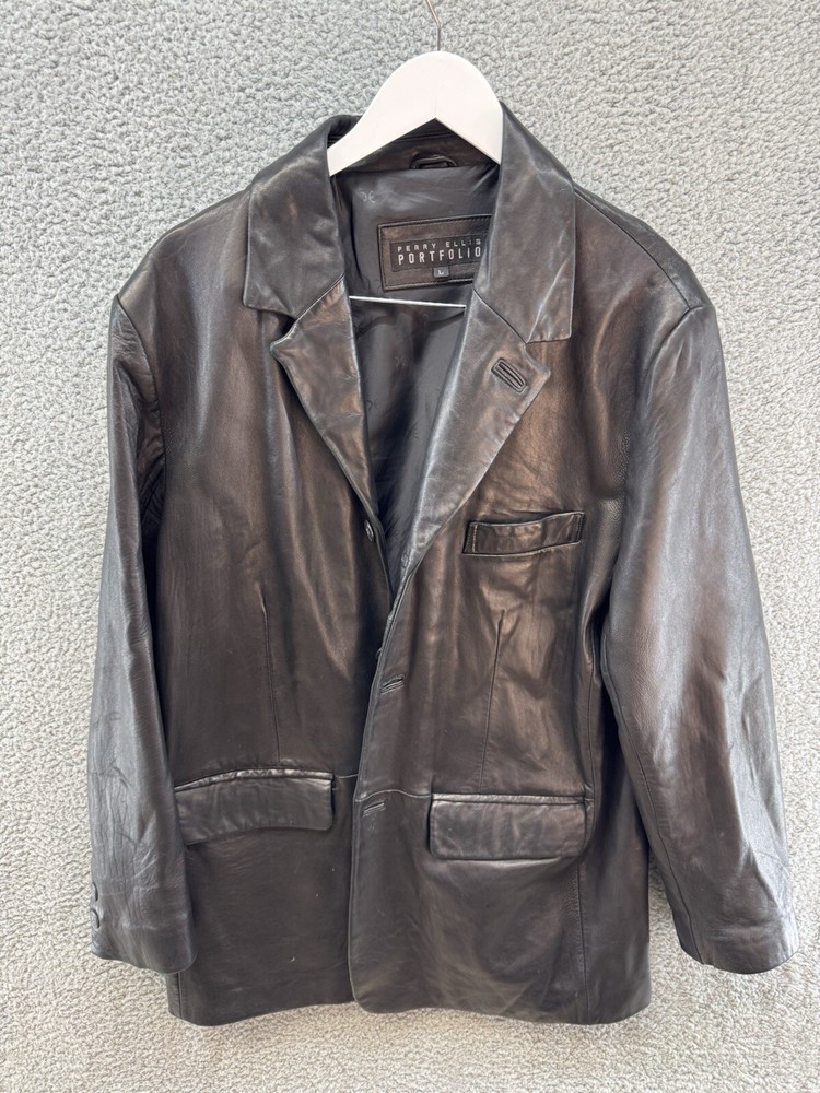 Perry Ellis Portfolio Women's Size L Black Leather Button Up Overcoat EUC