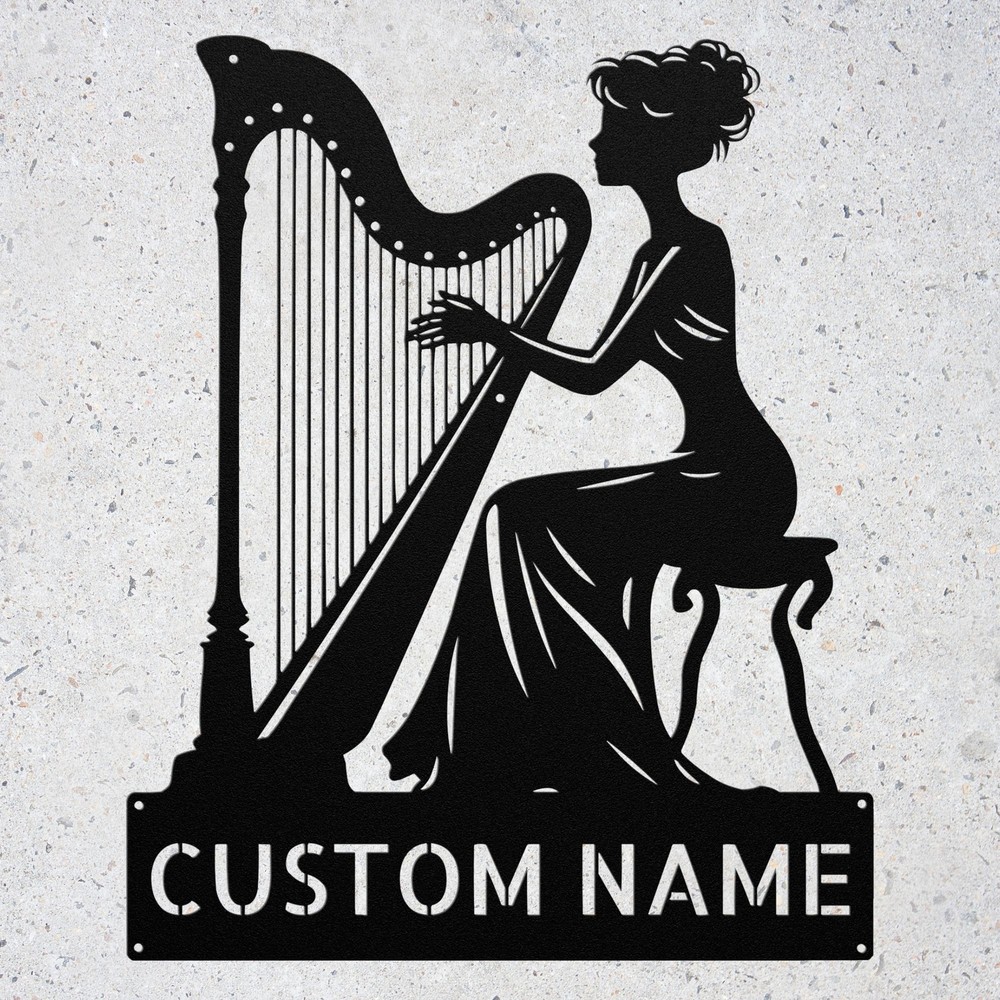 Personalized Harpist Name Metal Sign Home Studio Decor Harp Player Wall Art Gift