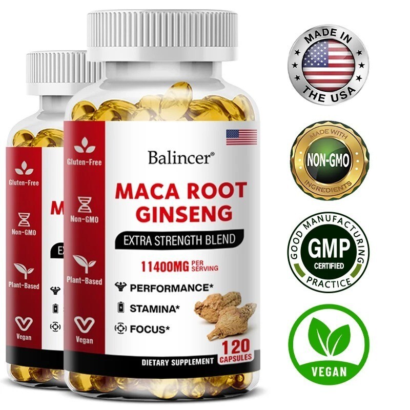 Organic Maca Root + Ginseng Extract Capsules - Stamina & Mood - Energy Supplemen