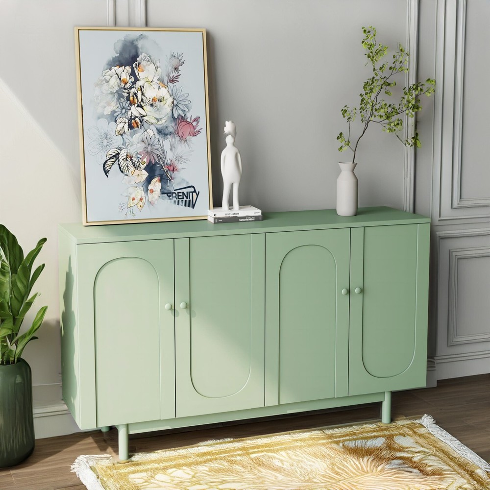 Stylish 4-Door Intaglio Storage Cabinet with Pine Legs Sideboard