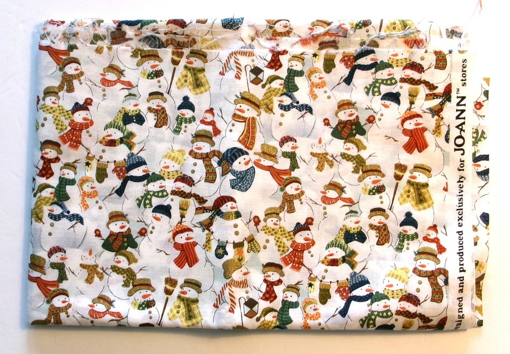 Vintage Cheerful Snowmen Seasonal Fabric on White Background-image
