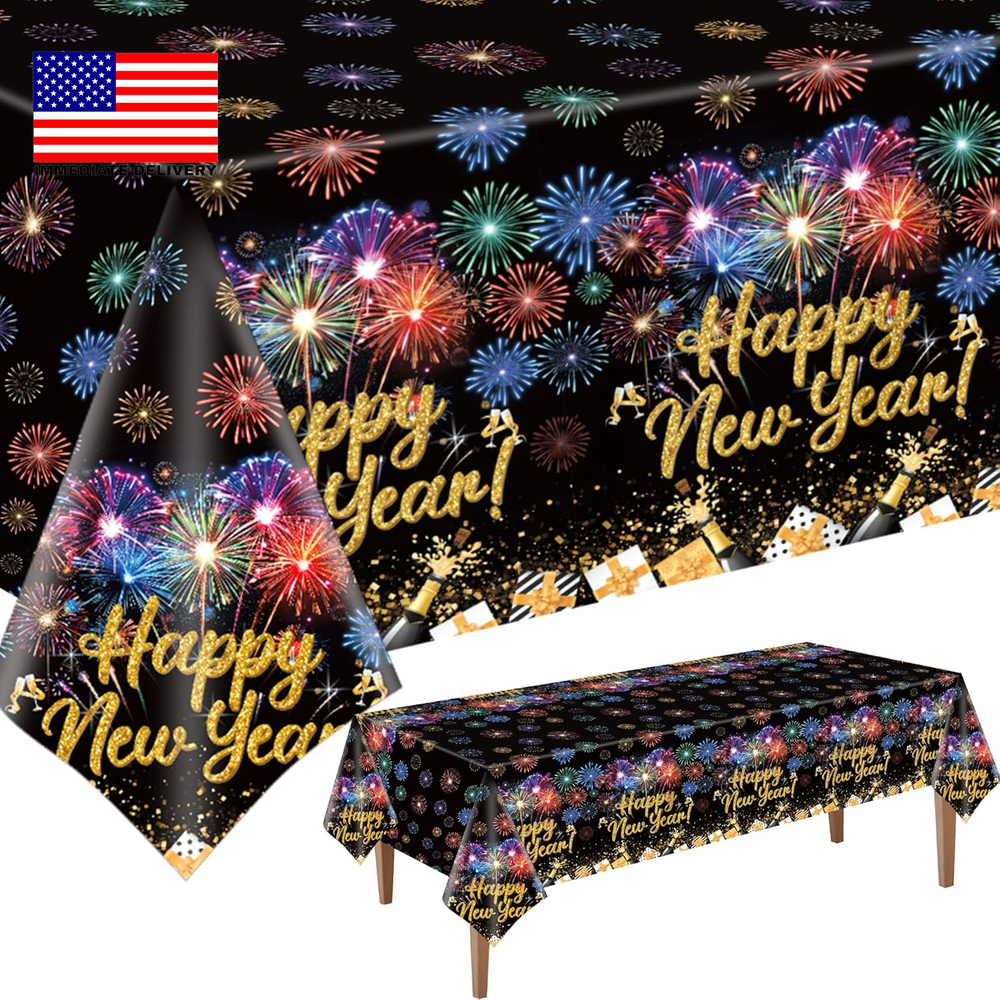 2 Pack New Years Tablecloths,Happy New Year Decorations Black and Gold Disposabl