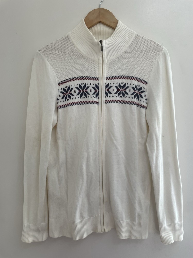 Eddie Bauer Women's Fair Isle Rib-Knit Zip Mock Neck Long Sleeve Sweater Cream L