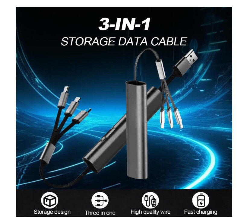Compact Retractable Fast-Charging USB Cable with Type-C & Micro Ports  
