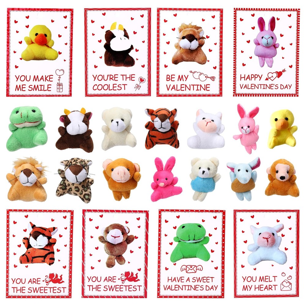28 Pack Valentines Day Gifts Cards for Kids with Animal Plush Toy Key Chain, ...