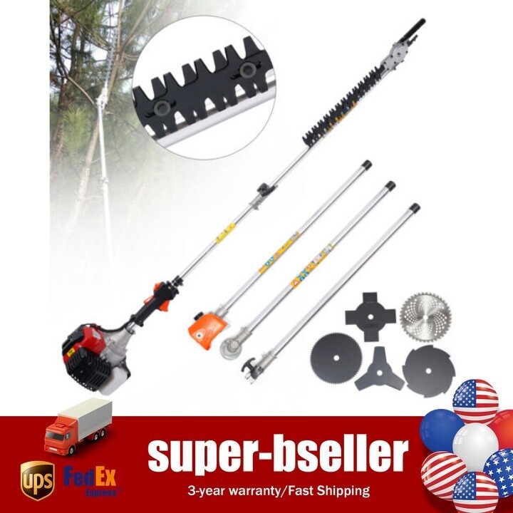 52CC Gas Powered Grass Trimmer Cutter &Pole Saw w/7 Blades Weed Eater Lawn Mower