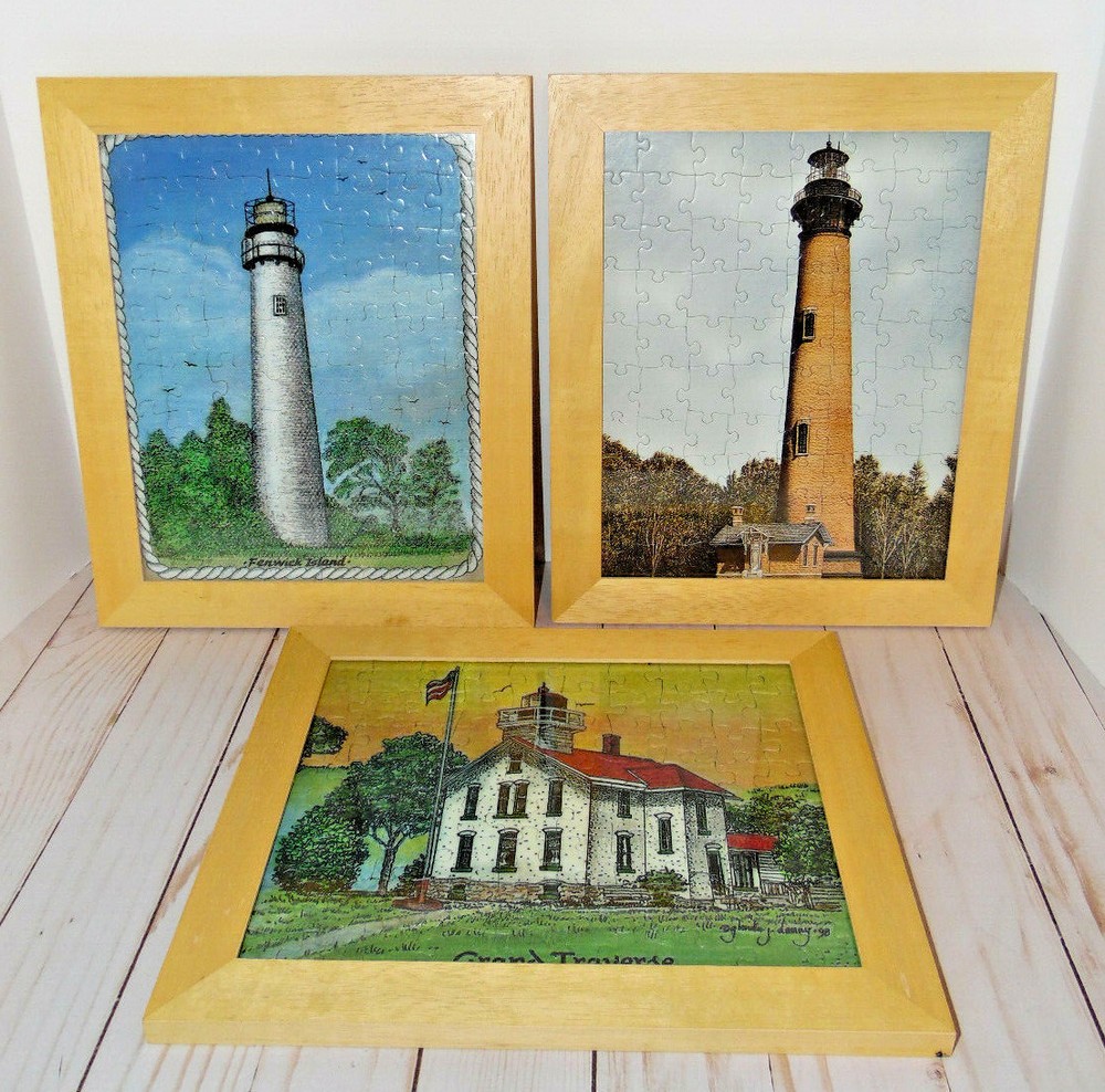3 Framed Lighthouse Puzzles In Wooden Frames Home Wall Decor