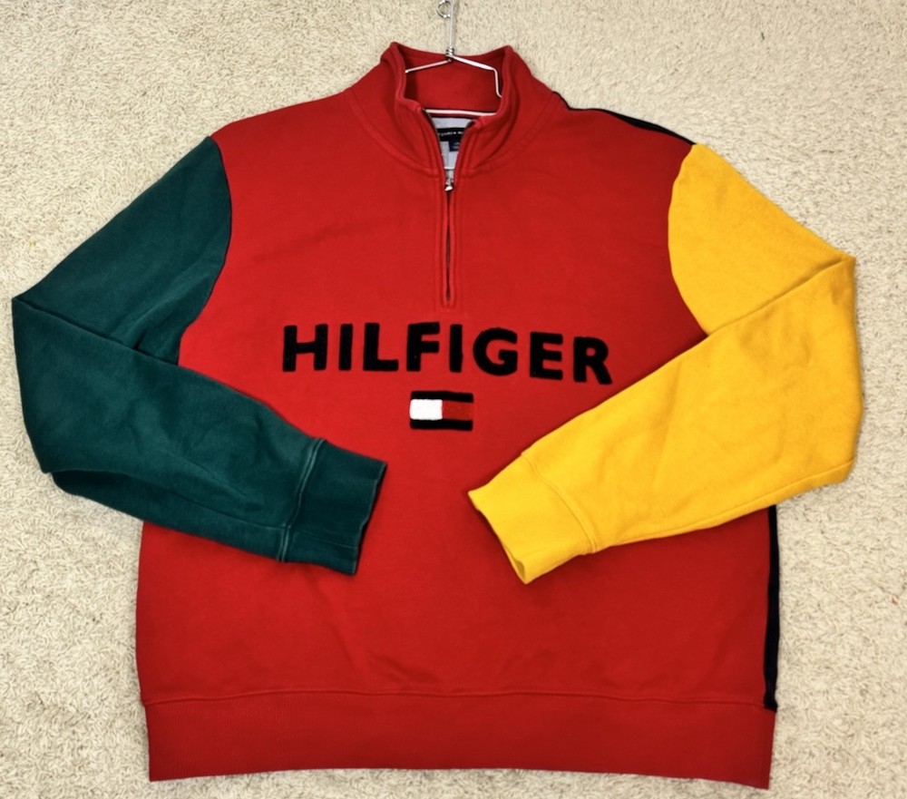 Tommy Hilfiger Mens Y2K Hip Hop Color Block 1/4 Zip Spell Out Sweatshirt Size L