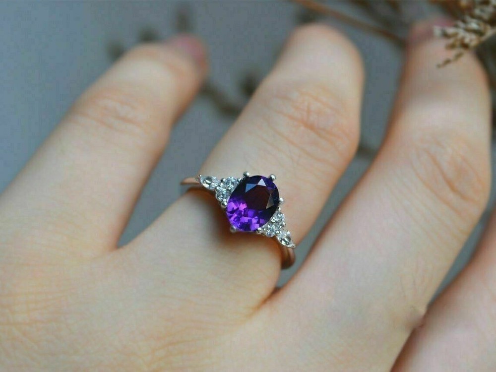 1Ct Oval Cut Simulated Amethyst Solitaire Engagement Ring 14K White Gold Plated