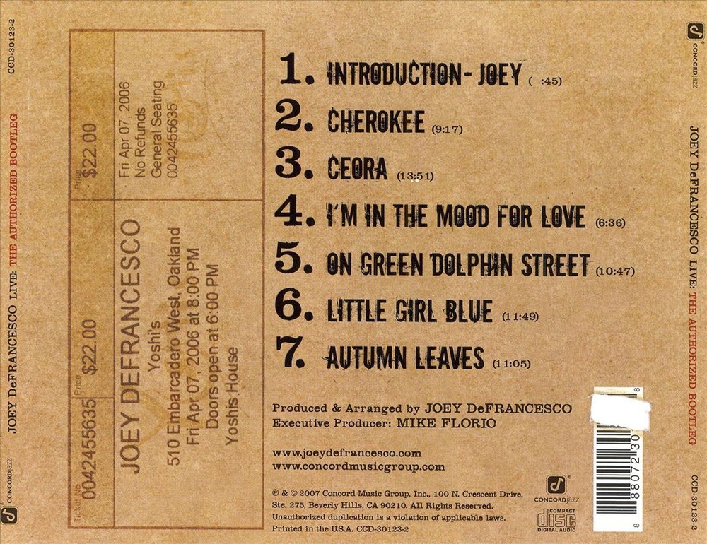 JOEY DEFRANCESCO LIVE: THE AUTHORIZED BOOTLEG NEW CD